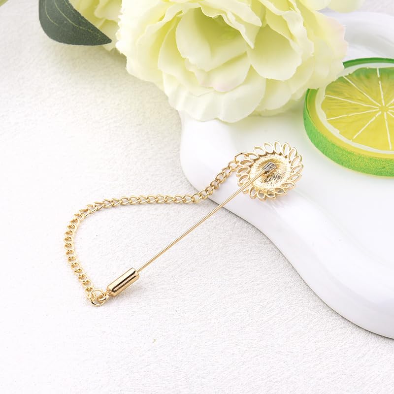Mens Sunflower Lapel Pin Crystal Rhinestone Brooches for Men Hanging Chain Brooch Suit Pin Flower Lapel Pins for Men Wedding Business Party - color: White