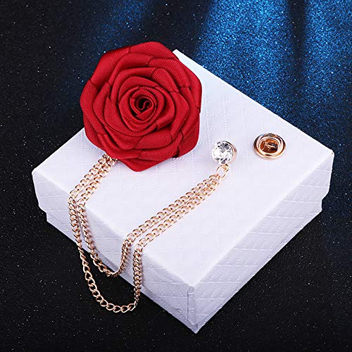 Fashion Bridegroom Wedding Brooches Cloth Art Hand-Made Rose Flower Brooch Lapel Pin Badge Tassel Chain Men's Suit Accessories - color: Red