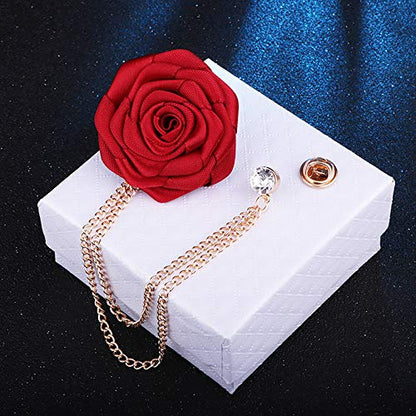 Fashion Bridegroom Wedding Brooches Cloth Art Hand-Made Rose Flower Brooch Lapel Pin Badge Tassel Chain Men's Suit Accessories - color: Red