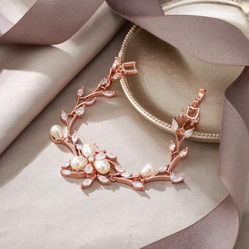 EVER FAITH Cubic Zirconia Pearl Bridal Prom Tennis Bracelet for Women | Elegant Pear CZ Wedding Jewelry Gift, for Bride Bridesmaid - style: Vine_Rose Gold-Plated-Brass