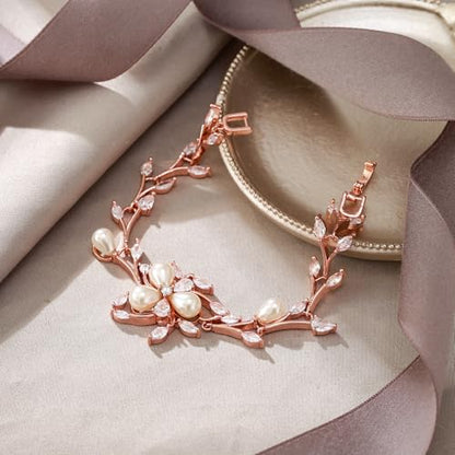 EVER FAITH Cubic Zirconia Pearl Bridal Prom Tennis Bracelet for Women | Elegant Pear CZ Wedding Jewelry Gift, for Bride Bridesmaid - style: Vine_Rose Gold-Plated-Brass