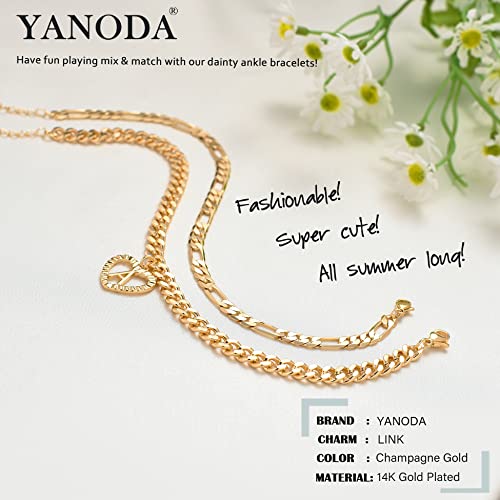 YANODA Initial Ankle Bracelets for Women 14K Gold Plated Layered Figaro Cuban Chain Letter Initial Anklets Handmade Letter A-Z Gold Anklets for Women Foot Jewelry Gifts - color: A