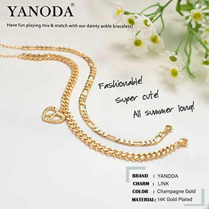 YANODA Initial Ankle Bracelets for Women 14K Gold Plated Layered Figaro Cuban Chain Letter Initial Anklets Handmade Letter A-Z Gold Anklets for Women Foot Jewelry Gifts - color: A