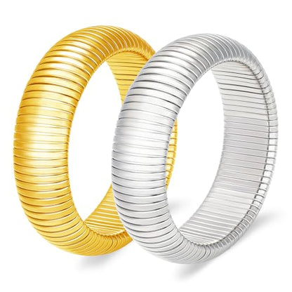 Gold Chunky Stretch Snake Chain Bangle Bracelets Stack for Women Trendy, 18K Gold Filled Stainless Steel Stretchy Womens Stackable Wristband Bangles Bracelet Set - style: GOLD&SILVER 20MM