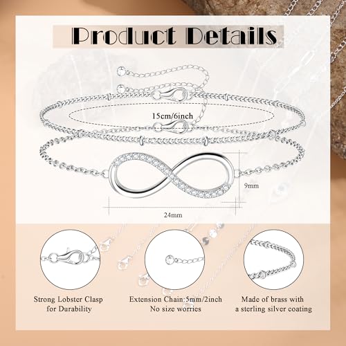 MILACOLATO 925 Sterling Silver Clasp Paperclip Chain Bracelets for Women | 14K White Gold Plated Adjustable Bracelets, Dainty Stackable Layered Satellite Beads Evil Eye Infinity Bracelets Jewelry Gift - color: Infinity Chain + Satellite Chain