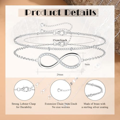MILACOLATO 925 Sterling Silver Clasp Paperclip Chain Bracelets for Women | 14K White Gold Plated Adjustable Bracelets, Dainty Stackable Layered Satellite Beads Evil Eye Infinity Bracelets Jewelry Gift - color: Infinity Chain + Satellite Chain