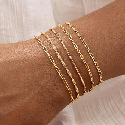 Gold Bracelets for Women, 14K Gold Plated Stackable Bracelet Stack Set Adjustable Charm Small Square Chain Snake Link Layered Waterproof Jewelry Sets Gifts - color: Bracelets-2 Gold