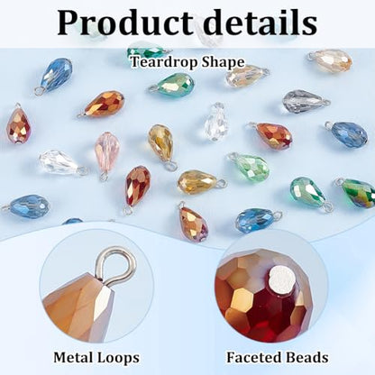 PH PandaHall Faceted Teardrop Charms, 70pcs, 14 Colors, 20mm, AB Color | Glass Crystal Pendants, Glass Charms Beads, For Necklace Earring Bracelet, For DIY Jewelry Craft Making