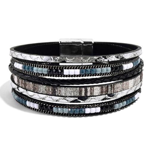 VIBILIA Boho Leather Wrap Bracelets for Women Multi-Layer Bracelets | With Strong Clasp Jewelry for Women - color: 03-BohoBraid-Black