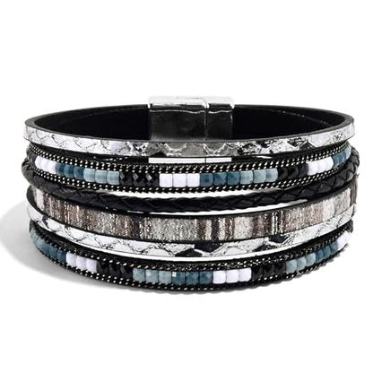 VIBILIA Boho Leather Wrap Bracelets for Women Multi-Layer Bracelets | With Strong Clasp Jewelry for Women - color: 03-BohoBraid-Black