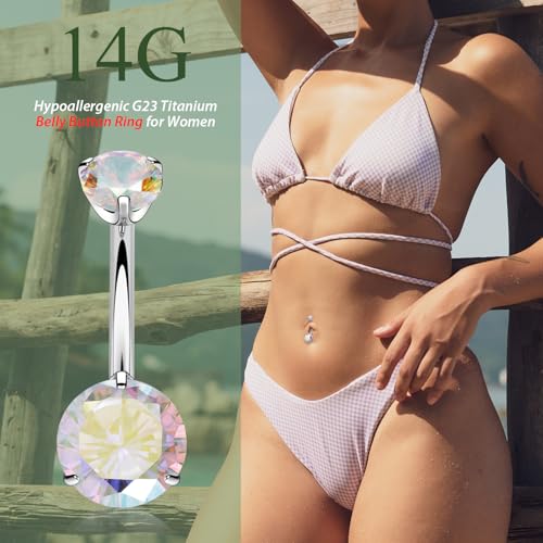 FUNLMO 14G Belly Button Ring Titanium Belly Button Piercing Belly Ring Internally Threaded Navel Piercing Jewelry - color: Silver-Aurora Borealis CZ