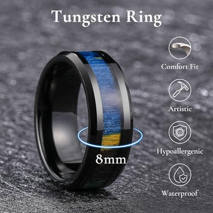 King Will Tungsten Wedding Band Wood Inlay for Men Black Beveled Edge | Black, 8mm, Beveled Edge, Comfort Fit, Wood inlay, Promise Gift - color: Colorful Wood Chips-Black