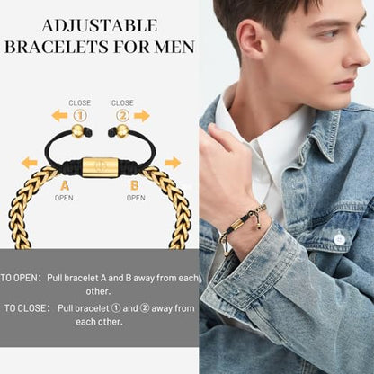 18K Gold-Plated Bracelets for Men Franco Link Chain Adjustable | Stainless Steel Bracelet, Gold Beads Bracelet, Handcrafted Braided, Mens Jewelry Birthday Gift for Men - color: Gold
