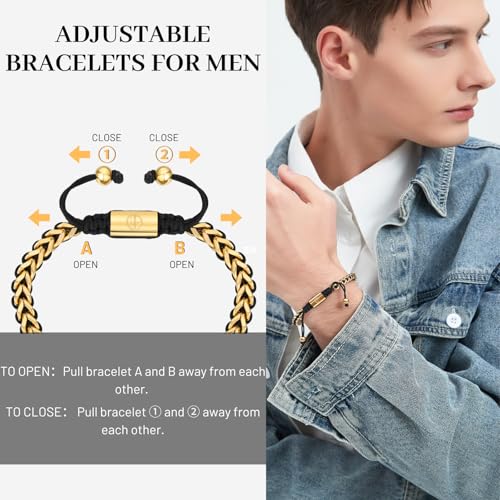 18K Gold-Plated Bracelets for Men Franco Link Chain Adjustable | Stainless Steel Bracelet, Gold Beads Bracelet, Handcrafted Braided, Mens Jewelry Birthday Gift for Men - color: Golden Yellow