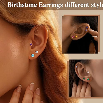 Small Birthstone Flat Back Stud Earrings for Women, 14K Real Gold Plated Hypoallergenic Earring Dainty CZ Cartilage Stud Earring Stack, Perfect Birthday Gifts for Women Her - color: Silver-09-September-Sapphire Royal Blue