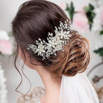 Crystal Bride Wedding Hair Comb Pearl Flower Bridal Hair Piece Hair Accessories for Women and Girls | Wedding Hair Clip for Brides, Handmade Pearl Hair Comb, Rhinestone Bridal Hair Accessories, Bridal Hair Piece for Women
