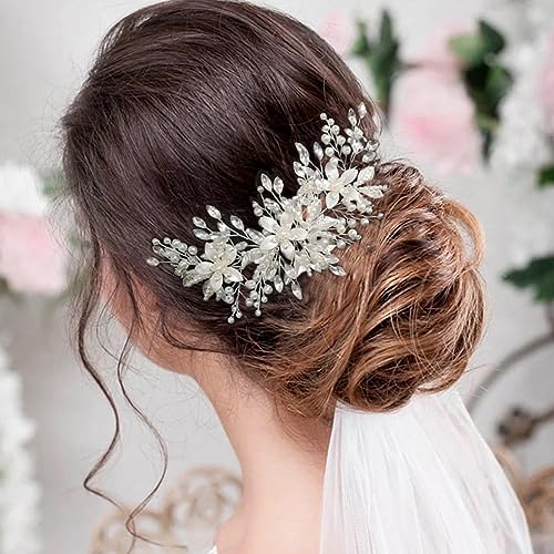 Crystal Bride Wedding Hair Comb Pearl Flower Bridal Hair Piece Hair Accessories for Women and Girls | Wedding Hair Clip for Brides, Handmade Pearl Hair Comb, Rhinestone Bridal Hair Accessories, Bridal Hair Piece for Women