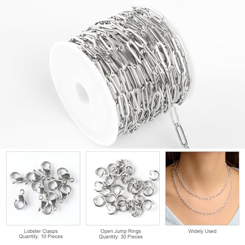 Kyutong 5M Stainless Steel Jewelry Making Chain Roll 4mm Paperclip Chain | 16.4FT Silver Necklace Chains on Spool Paper Clip Link Chains for Crafts DIY Jewelry Findings - color: Silver-6