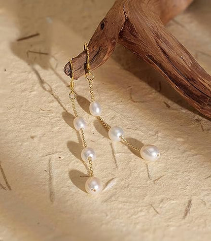 Long Pearl Earrings for Women 925 Sterling Silver Dangle Earrings | Hypoallergenic Dainty Dangle Drop Earrings, Elegant Pearl Jewelry for Bridal, Mother's Day Anniversary Birthday Jewelry Gift - color: Gold Pearl Dangle