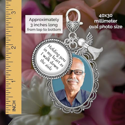 Wedding Bridal Bouquet Charm Holding You in My Heart Walk Down The Aisle | Memorial Gift for Bride or Dad Memorial Charm for Wedding Day. Includes Everything Needed to Easily Add Your Own Photo.