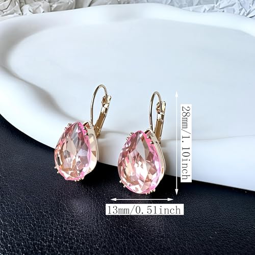 14K Gold Teardrop Crystal Leverback Earrings Sparkly Rhinestone Water Droplet Dangle Drop Earrings For Women - color: Light Pink