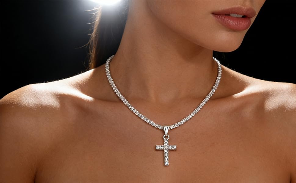 Alegend Charm Sparkling Necklace Cross 14K Silver Plated Fully Studded with Diamonds Luxurious Exquisite Style Silver Jewelry Lobster Clasp Adjustable Extender - style: 14K Silver Diamonds Cross