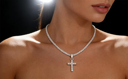 Alegend Charm Sparkling Necklace Cross 14K Silver Plated Fully Studded with Diamonds Luxurious Exquisite Style Silver Jewelry Lobster Clasp Adjustable Extender - style: 14K Silver Diamonds Cross