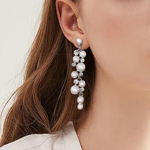 Clip On Earrings Simulated Pearl Wedding Bridal Dangling Dangle Clip Earrings for Women Non-pierced - color: Silver
