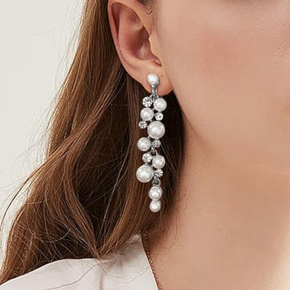 Clip On Earrings Simulated Pearl Wedding Bridal Dangling Dangle Clip Earrings for Women Non-pierced - color: Silver