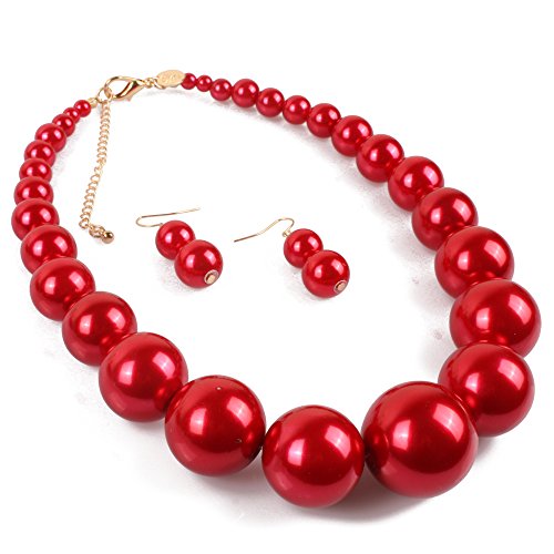 Large Style Big Imitate Pearl Strand Choker Necklace With Earrings Set - color: Red