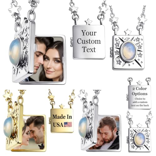 Personalized Color Print Photo Locket Custom Text Engraved Pendant Gold Tone Opal Star Moon Charm Necklace Gift - style: Various Custom Options