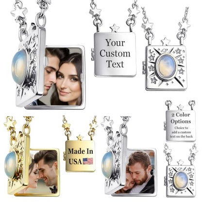Personalized Color Print Photo Locket Custom Text Engraved Pendant Gold Tone Opal Star Moon Charm Necklace Gift - style: Various Custom Options