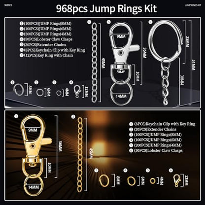 LEOBRO 968pcs Keychain Making Kit, Keychain Clip and Key Ring, Jump Rings for Jewelry Making, Lobster Claw Clasp, Key Chain Making Kit, for Keychains, Jewelry, Purse Making - color: Gold & Silver