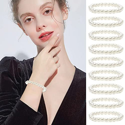 MOZAKA 30 Pieces 6mm/8mm Faux White Pearl Bracelets for Women Stackable Stretch Beaded Bracelets Simulated Pearl Bracelet Set for Bridesmaid Bridal Wedding Party Jewelry - style: B:8mm
