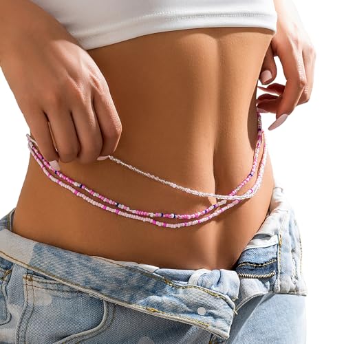 3Pcs/Set Boho Elastic Beads Waist Chains Jewelry Summer Beach Seed Beaded Belly Chain Jewelry Bikini Sexy Bead Waist Body Jewelry for Women - color: Pink