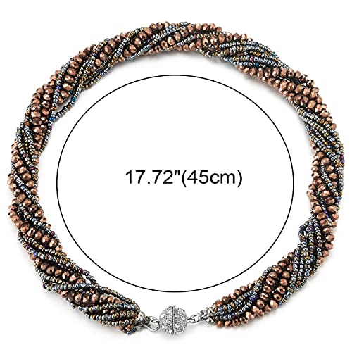 COOLSTEELANDBEYOND Multi-Layer Beads Crystal Braided Chain Choker Collar Magnetic Clasp,Statement Necklace, Bracelet - color: I-Necklace Brown 18K Gold-Plated Color