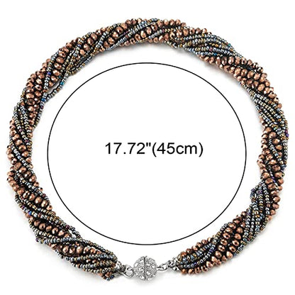 COOLSTEELANDBEYOND Multi-Layer Beads Crystal Braided Chain Choker Collar Magnetic Clasp,Statement Necklace, Bracelet - color: I-Necklace Brown 18K Gold-Plated Color