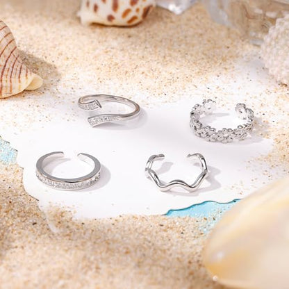 14K Gold Plated Toe Rings for Women Non Tarnish Adjustable Silver Gold Toe Ring Cubic Zirconia Daisy Flower Dainty Toe Rings Set Open Simple Band Ring Summer Beach Foot Jewelry - color: B-Silver