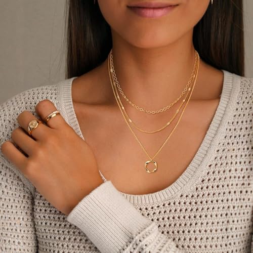 Gold Layered Necklaces for Women Stack Boho Stacking Layering 14K Gold Plated Chain Necklaces Set Cuban Link Herringbone Twist Chain Square Coin Pendant Necklace Jewelry Gifts Trendy Stuff - color: B Gold Layered Circle Neckalce