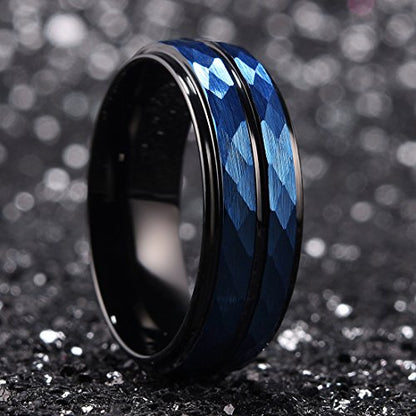 King Will Men's Tungsten Carbide Wedding Ring Hammered Groove Wedding Band Mens Two Tone Engagement Ring for Men and Women Matte Brushed Finish Comfort Fit - color: 8mm Blue & Black - Groove