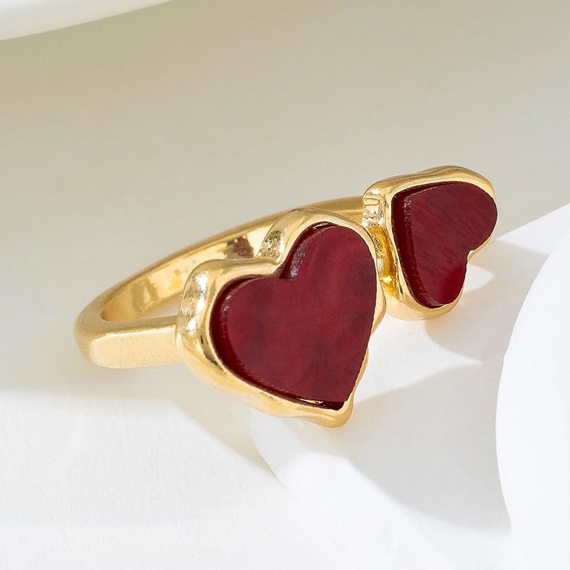 Retro Enamel Double Hearts Open Statement Ring for Women Fashion Simple Asymmetry Love Hearted Wrap Finger Knuckle Adjustable Bands Rings Gold Plated Wedding Eternity Promise Engagement Jewelry - color: Red