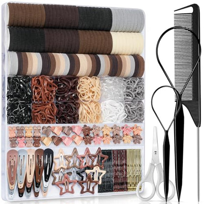 IKOCO 822PCS Hair Accessories for Girls, Elastic Hair Ties with Neutral Color Clips and Tools - color: Brown