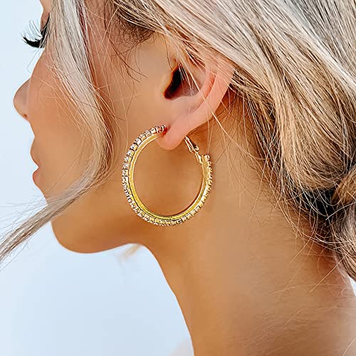 925 Sterling Silver Earrings Large Rhinestone Hoop Earrings Big Cubic Zirconia Hoop Earrings Thin Rhinestones Round Hoop Earrings for Women 20/30/40/50/60/70mm Sparkly Hoops With Crystals for Womens - color: Gold,30mm