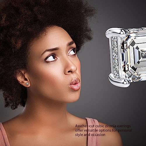 Asscher Cut Cubic Zirconia Stud Earrings for Men Women | Square CZ Simulated Diamond Studs, 18K White Gold Plated Sterling Silver - color: White Gold, size: 5MM