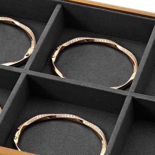 Oirlv Wood Jewelry Tray 6-Compartment Dark Grey | Dark Grey Solid Wood Frame, Soft Microfiber Lining, 9.84X17X1.18in with 6 Compartments, Holds Rings/Earrings/Bracelets - color: Grey, size: 6 grid