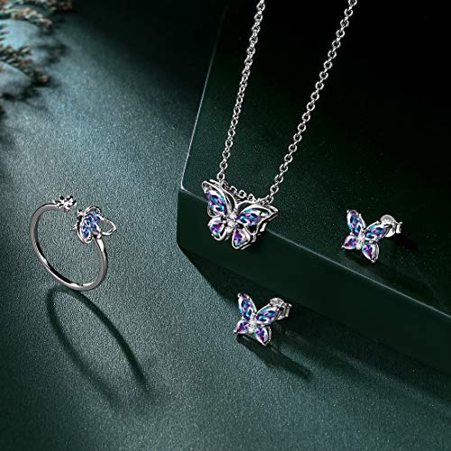925 Sterling Silver Birthstone Butterfly Jewelry Women Crystal Animal Cute Butterflies Birthday Necklace/Earring/Ring/Bracelet Sets Birth Stone Statement Anniversary Jewellery - color: 2-M.Mysitc-Rainbow-Topaz