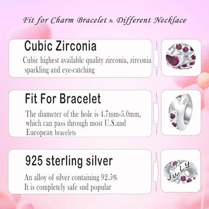 MICOO 925 Sterling Silver Jan-Dec Birthstone Charms For Bracelets and Necklaces, Original DIY Bead Charms With Cubic Zirconias Jewelry Birthday Gifts For Women. - color: 7-July Birthstone charm