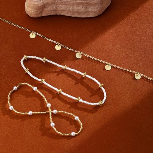 Ankle Bracelets for Women 14K Gold/Silver Plated Cross Heart Bead Anklet Waterproof Adjustable Chain Non Tarnish Cute Boho Trendy Dainty Summer Beach Foot Jewelry Gift for Her - style: 3 Layered Pearl&Disc-GD