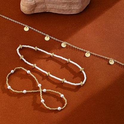 Ankle Bracelets for Women 14K Gold/Silver Plated Cross Heart Bead Anklet Waterproof Adjustable Chain Non Tarnish Cute Boho Trendy Dainty Summer Beach Foot Jewelry Gift for Her - style: 3 Layered Pearl&Disc-GD