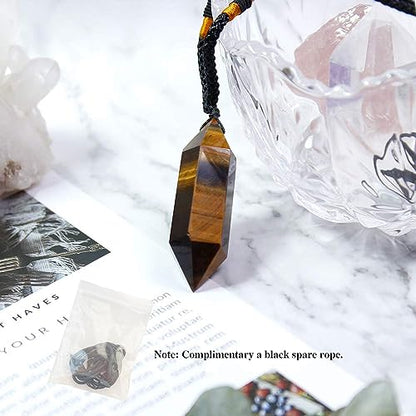 Runyangshi Tiger's Eye Healing Crystal Pendants, Double Pointed Natural Crystal Quartz Necklace 6 Faceted Chakra Crystal Wand Stone - color: Tiger's Eye